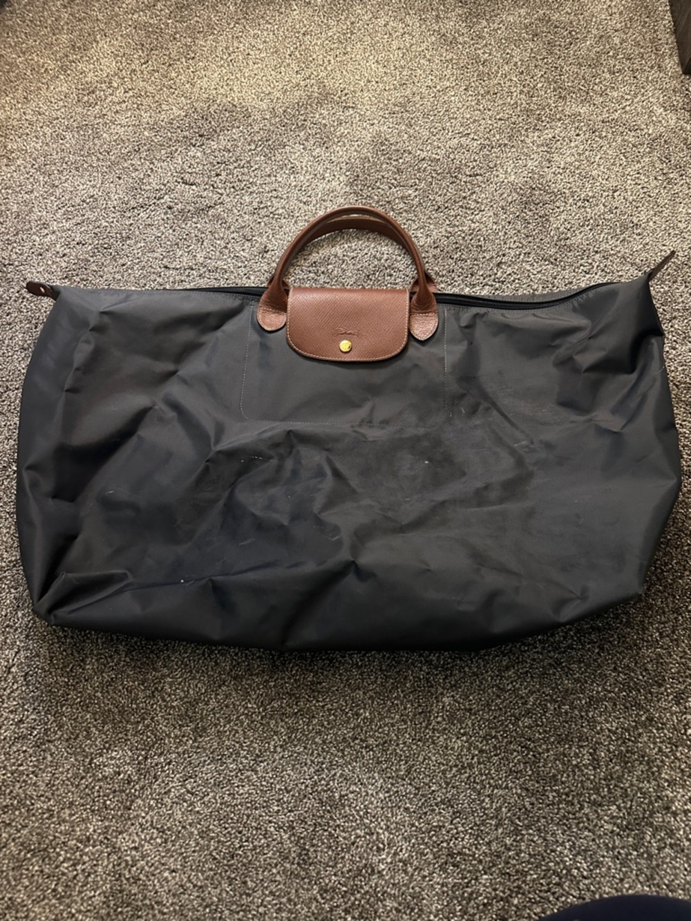 Longchamp Dark Grey Travel Weekender with Brown Trim